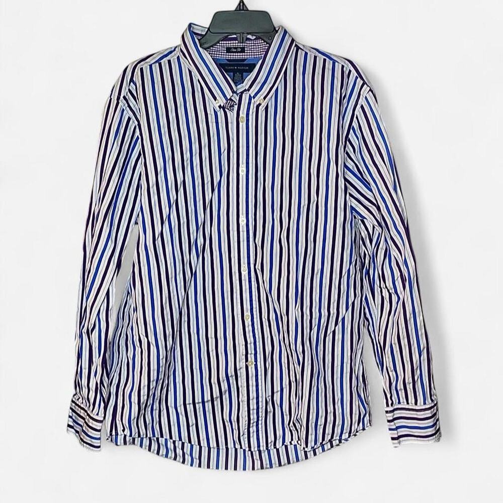 Tommy Hilfiger MENS Blue Purple Striped Slim Fit Chino Shirt – Size XL